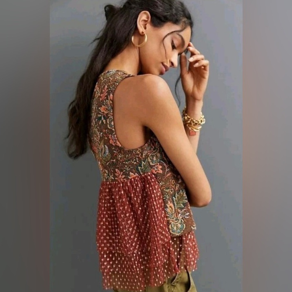 Eva Franco Jacquard Sleeveless Boho Floral Layered Lace Top Sz M